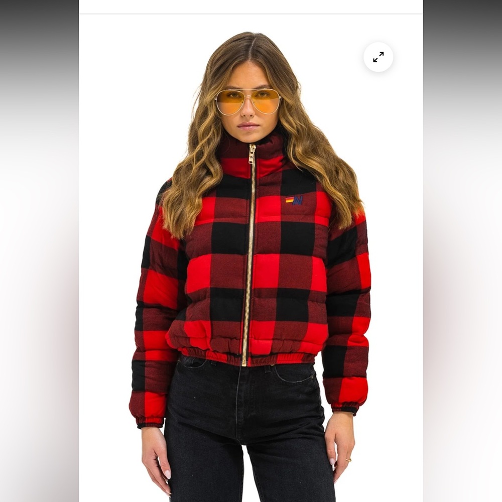NWT AVIATOR NATION Apres Plaid Puffer Jacket BUFFALO PLAID Red Black Small SKI